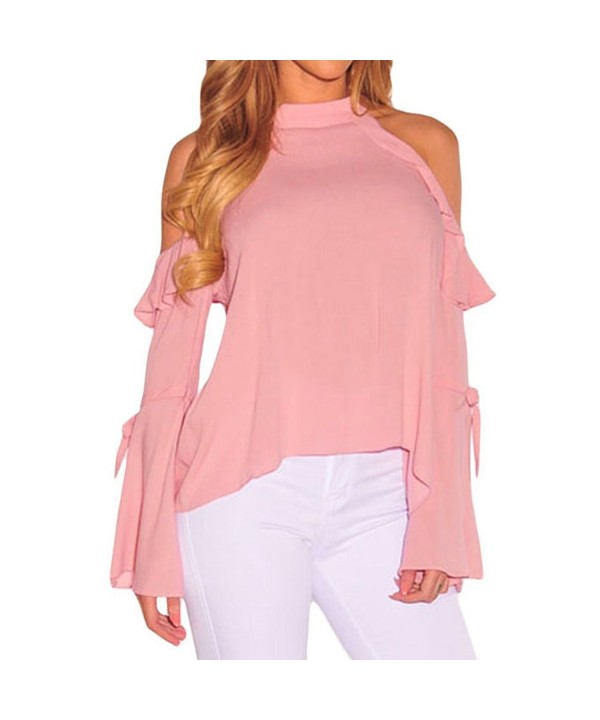 Womens Sexy Cold Shoulder Bell Sleeve Ruffle Blouse Halter Neck Tops Shirt Pink Cf17y7orh6c 8207