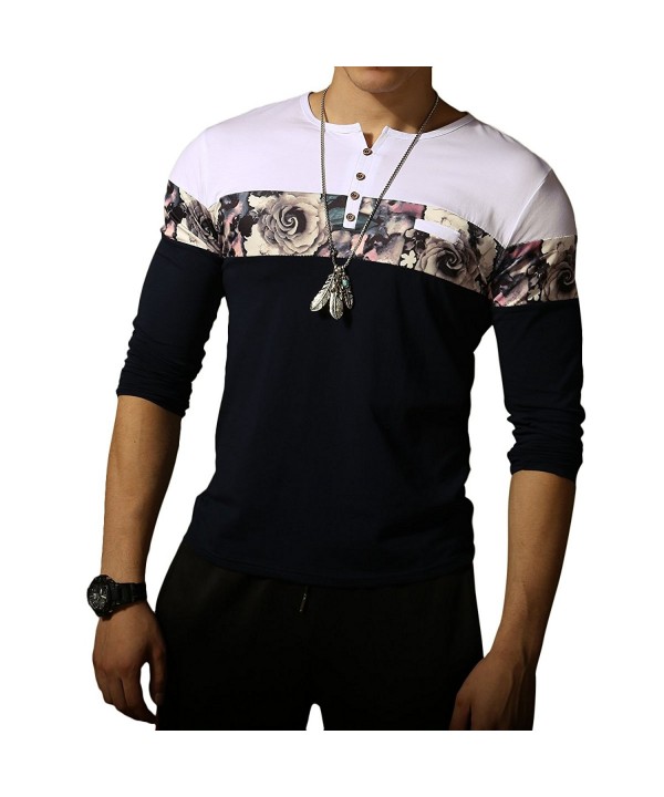 Men's Casual Slim Fit Long Sleeve Color Block Printing Henley T-Shirts ...